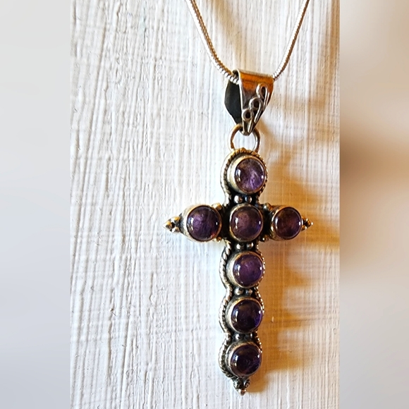 GENUINE AMETHYST 925 STERLING SILVER Vintage Cross Pendant with S.S. Snake Chain - Picture 3 of 8